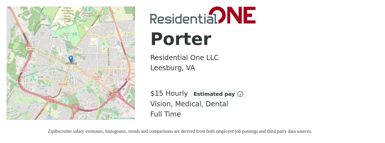Residential One LLC job posting for a Porter in Leesburg, VA with a salary of $16 Hourly and benefits including vision, dental, life_insurance, medical, pto, and retirement with a map of Leesburg location.