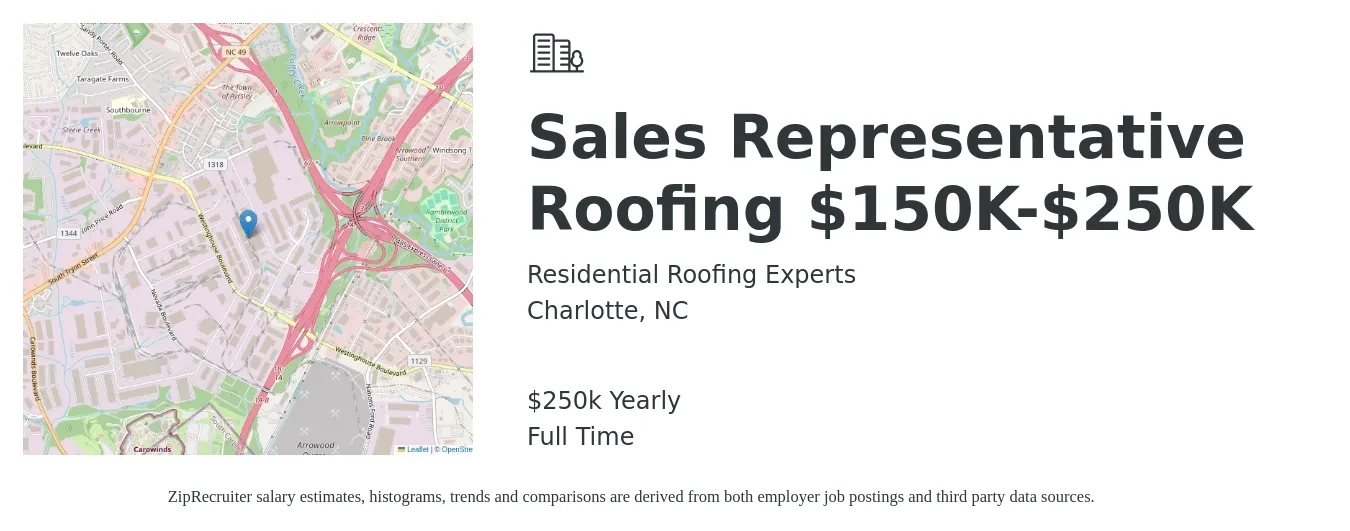 Residential Roofing Experts job posting for a Sales Representative Roofing $150K-$250K in Charlotte, NC with a salary of $250,000 Yearly with a map of Charlotte location.