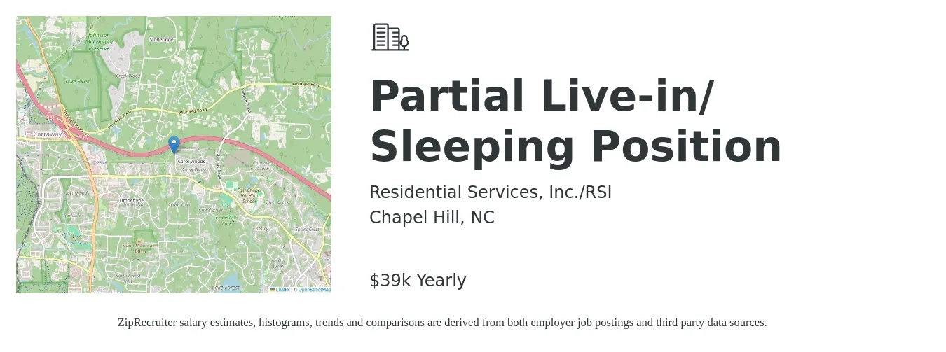 Residential Services, Inc./RSI job posting for a Partial Live-in/ Sleeping Position in Chapel Hill, NC with a salary of $39,078 Yearly with a map of Chapel Hill location.