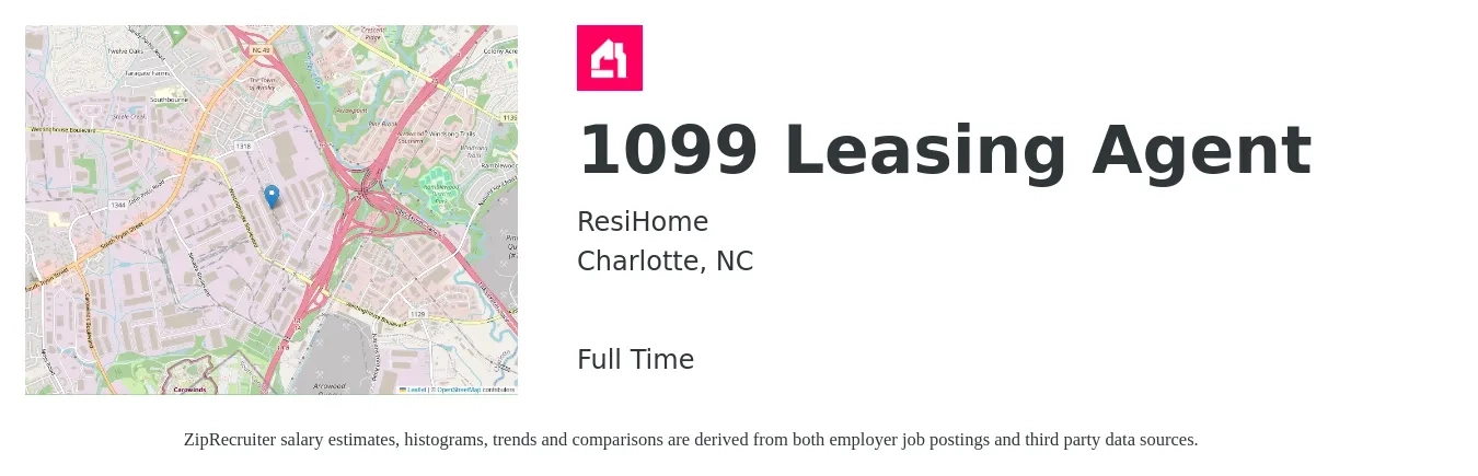 ResiHome job posting for a 1099 Leasing Agent in Charlotte, NC with a salary of $16 to $20 Hourly with a map of Charlotte location.