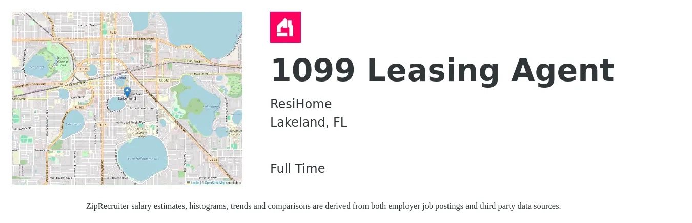 ResiHome job posting for a 1099 Leasing Agent in Lakeland, FL with a salary of $16 to $19 Hourly with a map of Lakeland location.