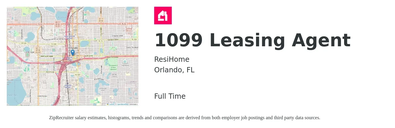 ResiHome job posting for a 1099 Leasing Agent in Orlando, FL with a salary of $16 to $19 Hourly with a map of Orlando location.