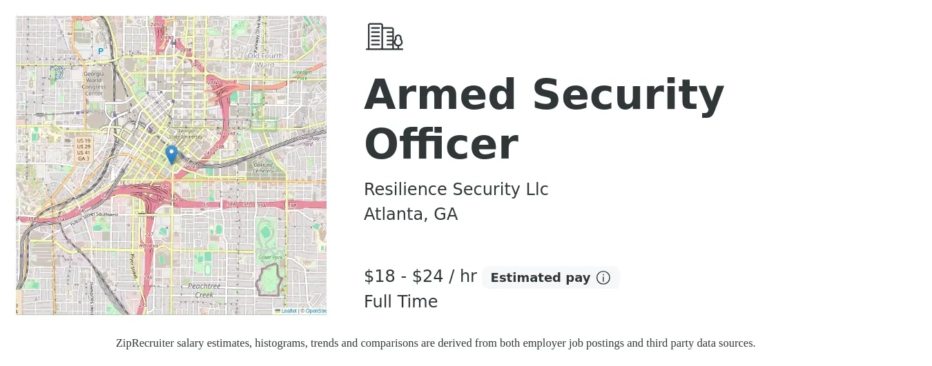 Resilience Security Llc job posting for a Armed Security Officer in Atlanta, GA with a salary of $19 to $25 Hourly with a map of Atlanta location.