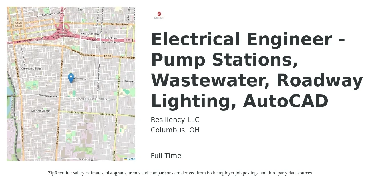 Resiliency LLC job posting for a Electrical Engineer - Pump Stations, Wastewater, Roadway Lighting, AutoCAD in Columbus, OH with a salary of $80,200 to $127,500 Yearly with a map of Columbus location.