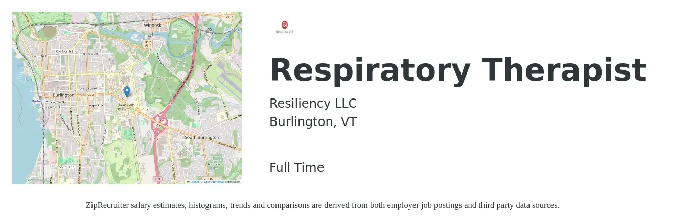 Resiliency LLC job posting for a Respiratory Therapist in Burlington, VT with a salary of $32 to $56 Hourly with a map of Burlington location.