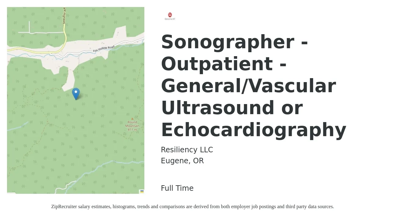 Resiliency LLC job posting for a Sonographer - Outpatient - General/Vascular Ultrasound or Echocardiography in Eugene, OR with a salary of $1,630 to $2,750 Weekly with a map of Eugene location.