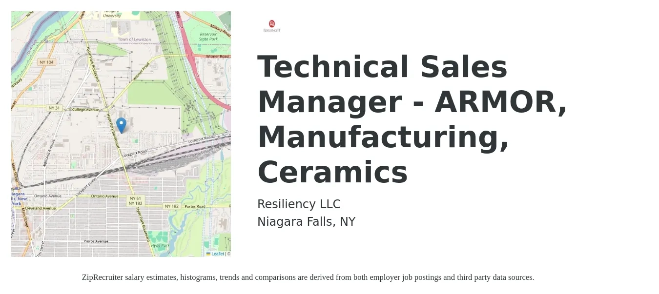 Resiliency LLC job posting for a Technical Sales Manager - ARMOR, Manufacturing, Ceramics in Niagara Falls, NY with a salary of $111,100 to $111,600 Yearly with a map of Niagara Falls location.