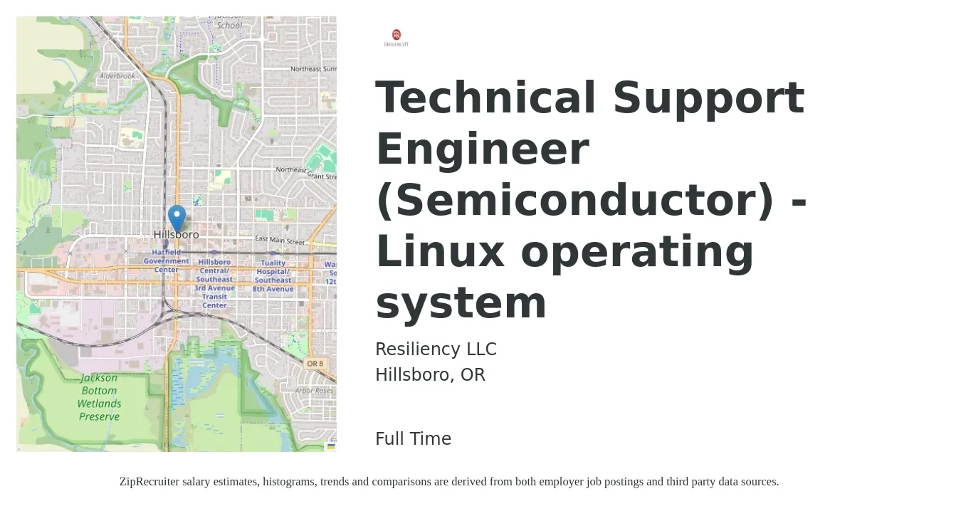 Resiliency LLC job posting for a Technical Support Engineer (Semiconductor) - Linux operating system in Hillsboro, OR with a salary of $63,200 to $107,300 Yearly with a map of Hillsboro location.