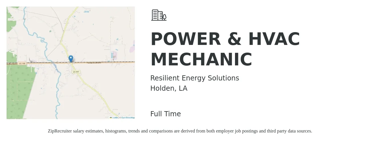 Resilient Energy Solutions job posting for a POWER & HVAC MECHANIC in Holden, LA with a salary of $19 to $26 Hourly with a map of Holden location.