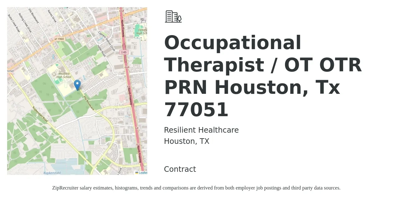 Resilient Healthcare job posting for a Occupational Therapist / OT OTR PRN Houston, Tx 77051 in Houston, TX with a salary of $36 to $48 Hourly with a map of Houston location.