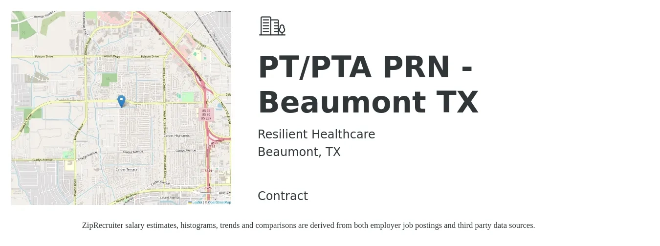 Resilient Healthcare job posting for a PT/PTA PRN - Beaumont TX in Beaumont, TX with a salary of $40 to $56 Hourly with a map of Beaumont location.