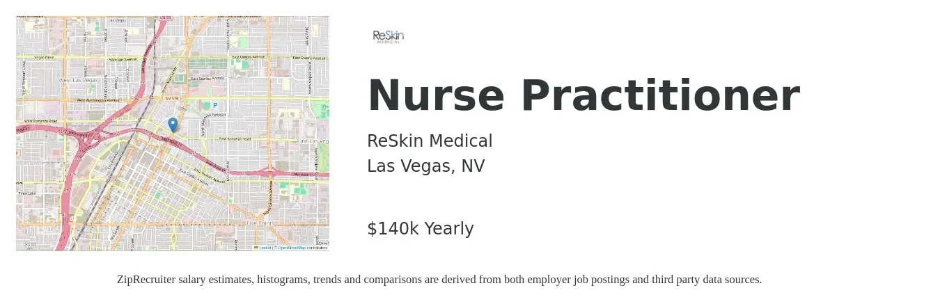 Reskin Medical job posting for a NURSE PRACTITIONER in Las Vegas, NV with a salary of $144,000 Yearly and benefits including dental, life_insurance, medical, pto, retirement, and vision with a map of Las Vegas location.