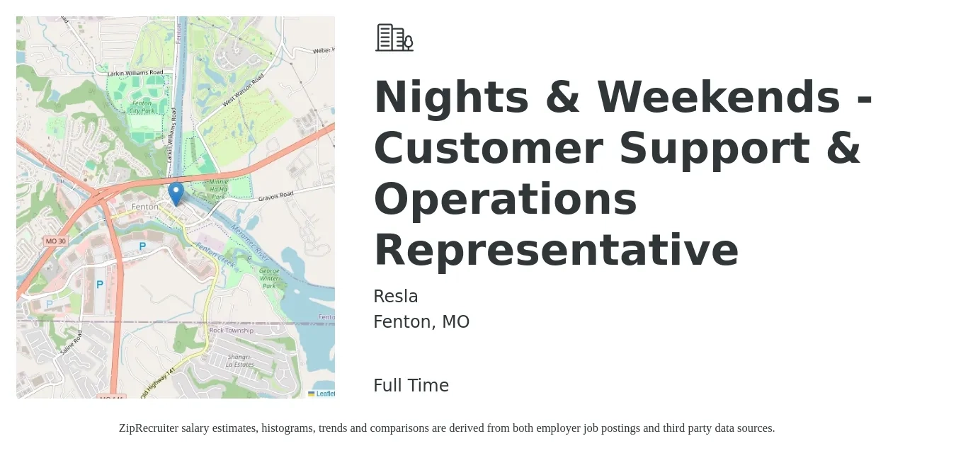 Resla job posting for a Nights & Weekends - Customer Support & Operations Representative in Fenton, MO with a salary of $16 to $21 Hourly with a map of Fenton location.