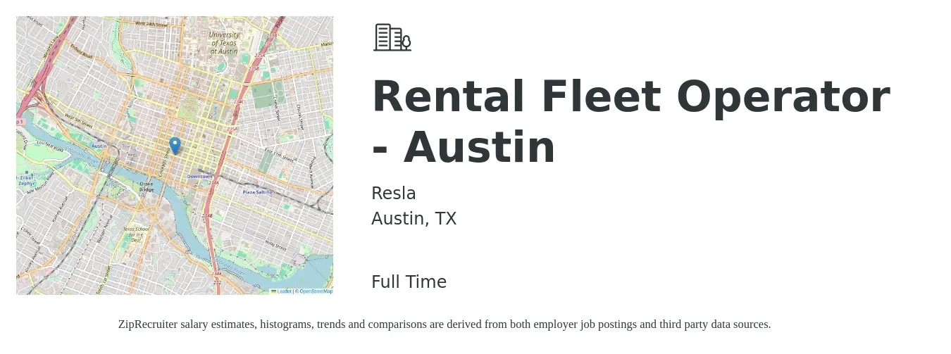 Resla job posting for a Rental Fleet Operator - Austin in Austin, TX with a salary of $22 to $27 Hourly with a map of Austin location.