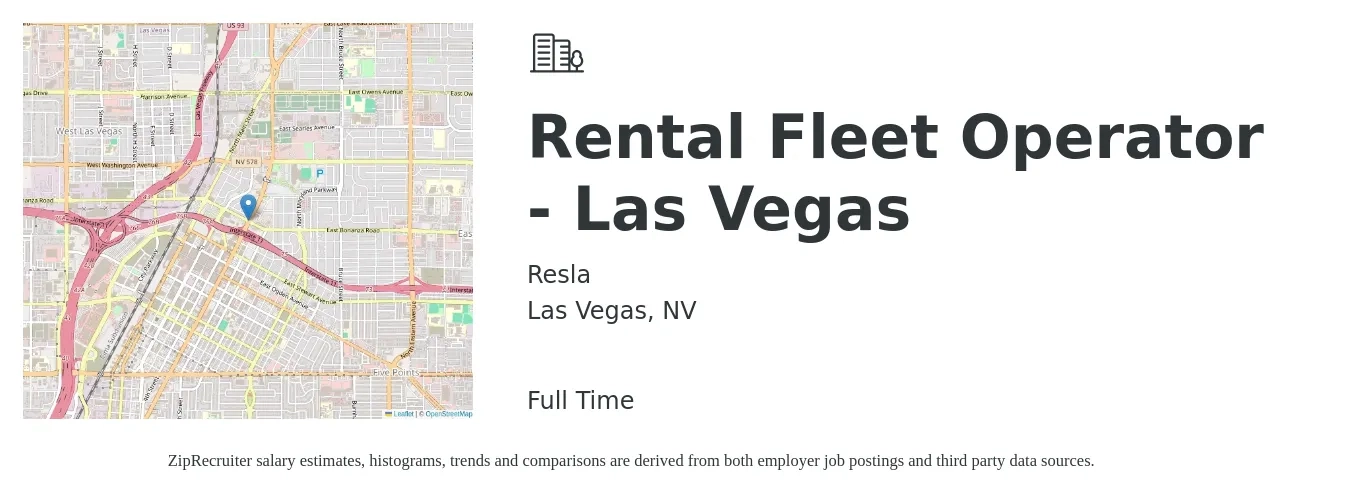 Resla job posting for a Rental Fleet Operator - Las Vegas in Las Vegas, NV with a salary of $21 to $26 Hourly with a map of Las Vegas location.