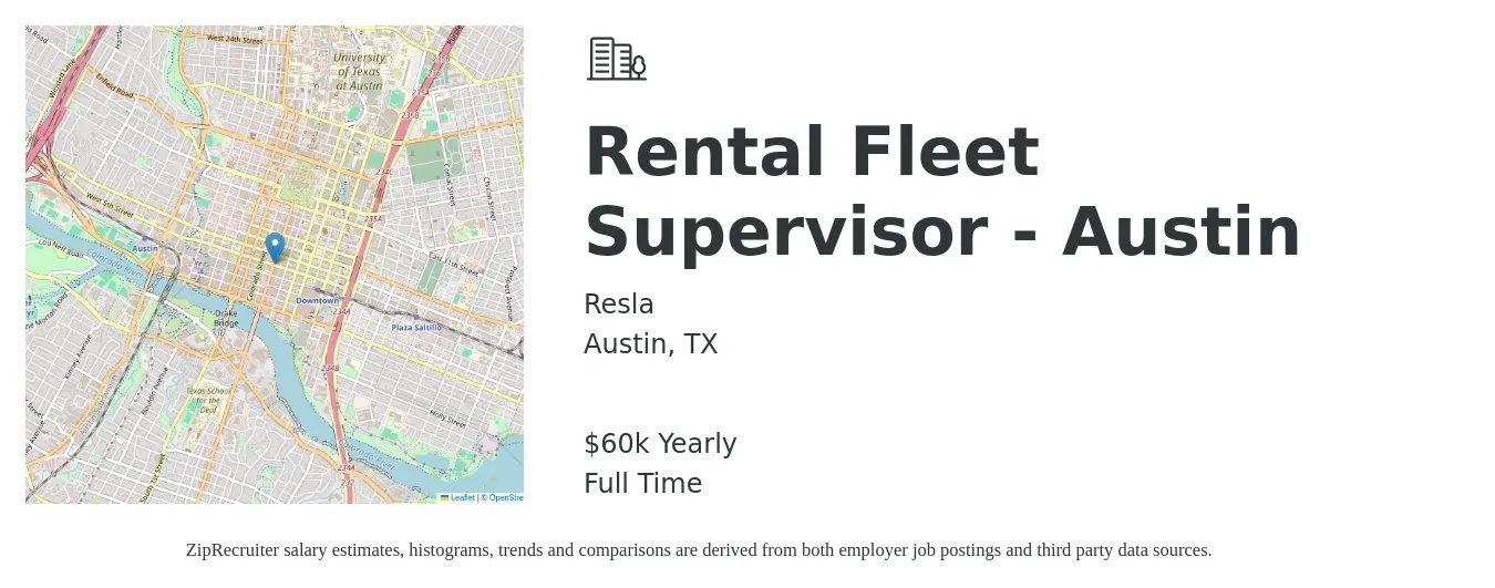 Resla job posting for a Rental Fleet Supervisor - Austin in Austin, TX with a salary of $60,000 Yearly with a map of Austin location.