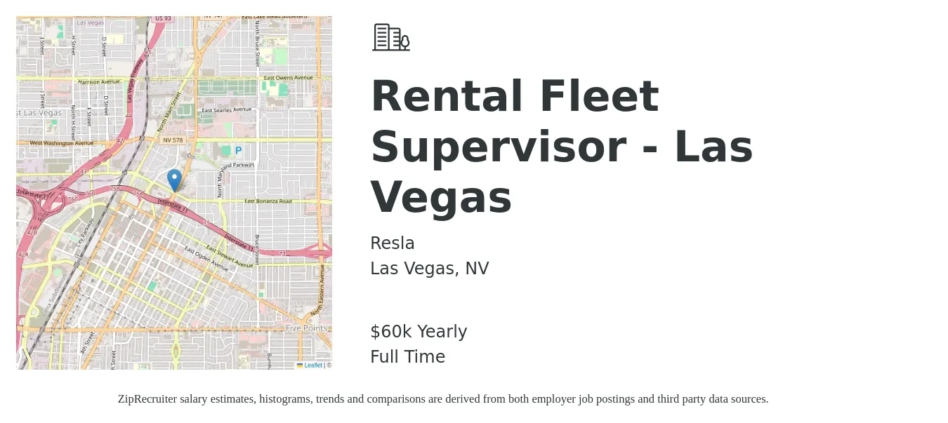 Resla job posting for a Rental Fleet Supervisor - Las Vegas in Las Vegas, NV with a salary of $60,000 Yearly with a map of Las Vegas location.
