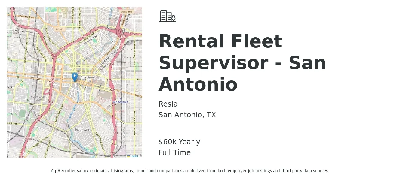 Resla job posting for a Rental Fleet Supervisor - San Antonio in San Antonio, TX with a salary of $60,000 Yearly with a map of San Antonio location.
