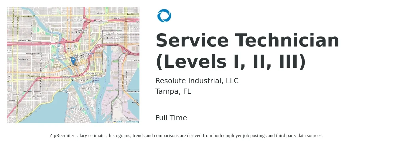 Resolute Industrial, LLC job posting for a Service Technician (Levels I, II, III) in Tampa, FL with a salary of $24 to $33 Hourly with a map of Tampa location.