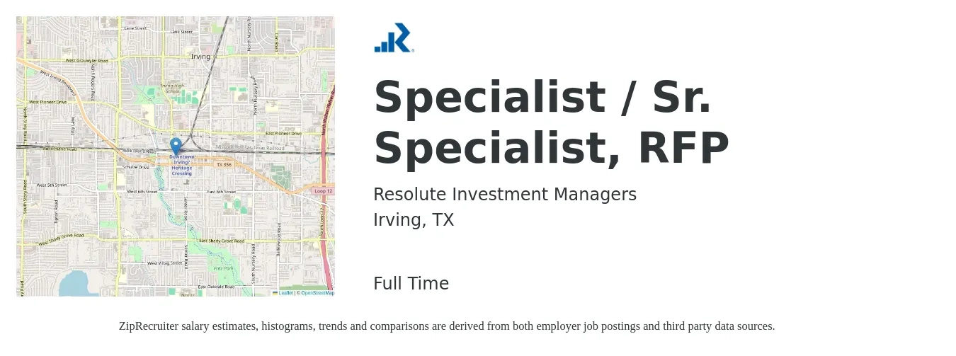 Resolute Investment Managers job posting for a Specialist / Sr. Specialist, RFP in Irving, TX with a map of Irving location.