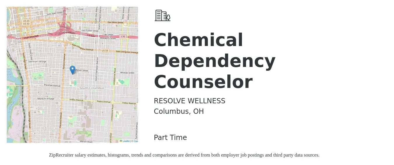 RESOLVE WELLNESS job posting for a Chemical Dependency Counselor in Columbus, OH with a salary of $19 to $26 Hourly with a map of Columbus location.