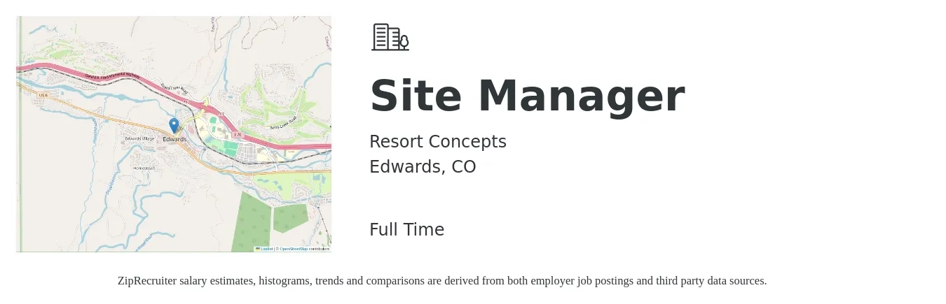 Resort Concepts job posting for a Site Manager in Edwards, CO with a salary of $55,200 to $133,700 Yearly with a map of Edwards location.