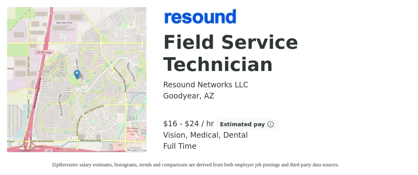 Resound Networks LLC job posting for a Field Service Technician in Goodyear, AZ with a salary of $17 to $25 Hourly and benefits including retirement, vision, dental, life_insurance, medical, and pto with a map of Goodyear location.