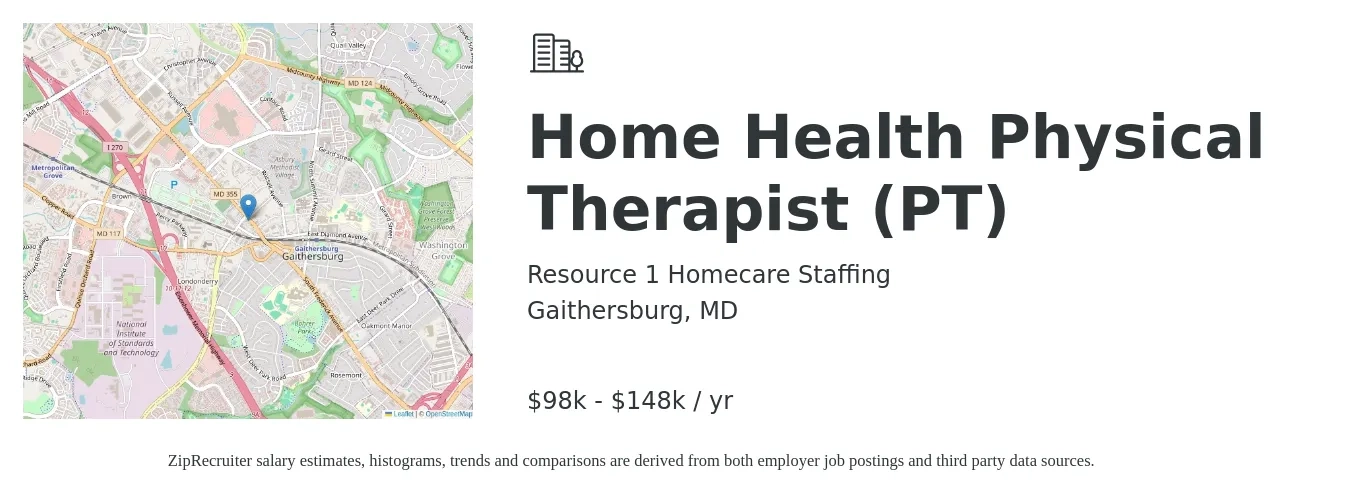Resource 1 Homecare Staffing job posting for a Home Health Physical Therapist (PT) in Gaithersburg, MD with a salary of $98,300 to $148,854 Yearly with a map of Gaithersburg location.