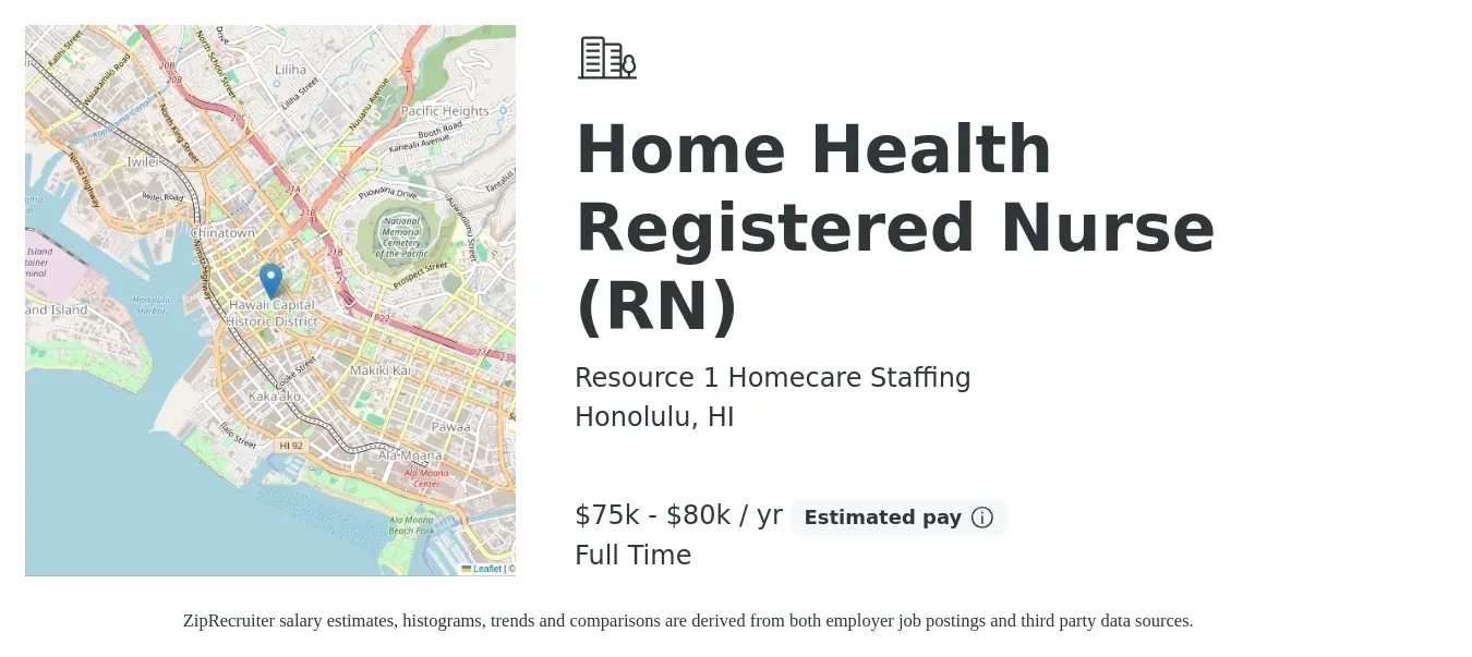 Resource 1 Homecare Staffing job posting for a Home Health Registered Nurse (RN) in Honolulu, HI with a salary of $75,000 to $80,000 Yearly with a map of Honolulu location.