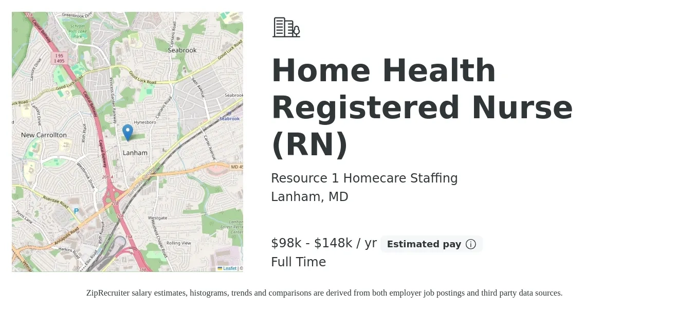 Resource 1 Homecare Staffing job posting for a Home Health Registered Nurse (RN) in Lanham, MD with a salary of $98,300 to $148,854 Yearly with a map of Lanham location.