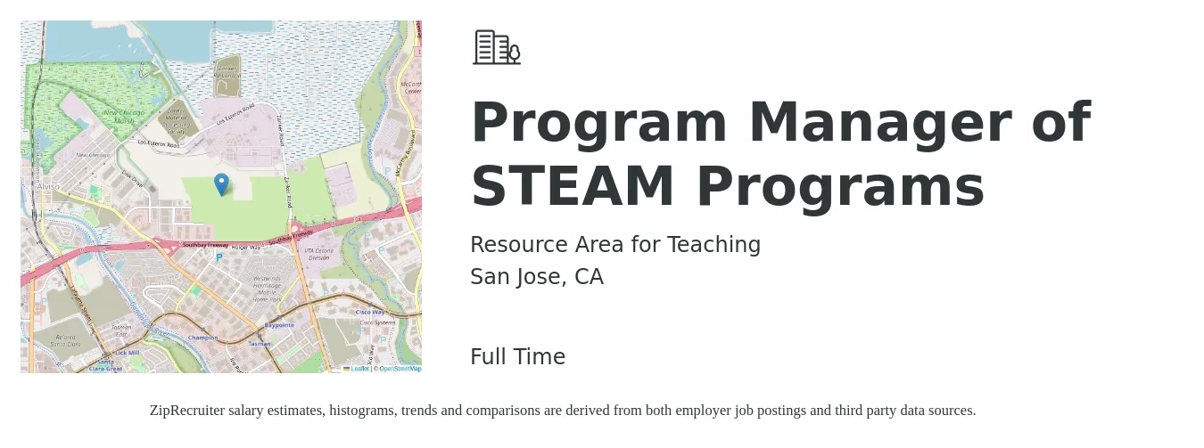Resource Area for Teaching job posting for a Program Manager of STEAM Programs in San Jose, CA with a salary of $68,000 to $75,000 Yearly with a map of San Jose location.