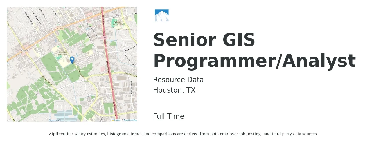 Resource Data job posting for a Senior GIS Programmer/Analyst in Houston, TX with a salary of $71,250 to $98,695 Yearly with a map of Houston location.