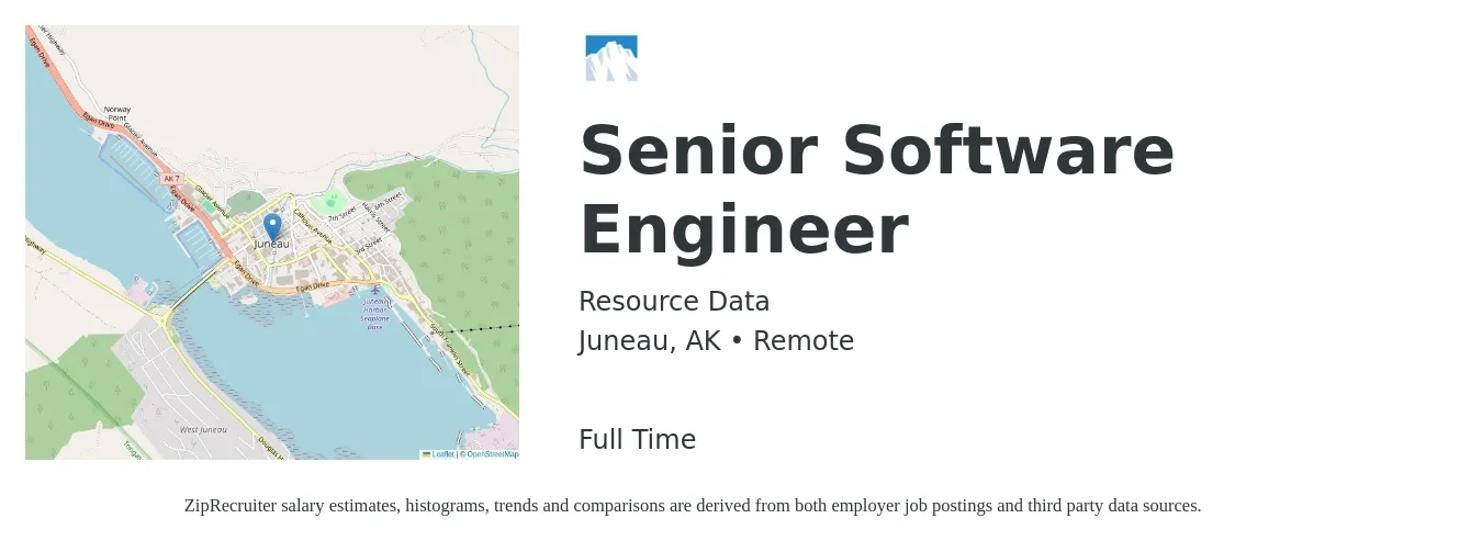 Resource Data job posting for a Senior Software Engineer in Juneau, AK with a salary of $73,150 to $126,000 Yearly with a map of Juneau location.