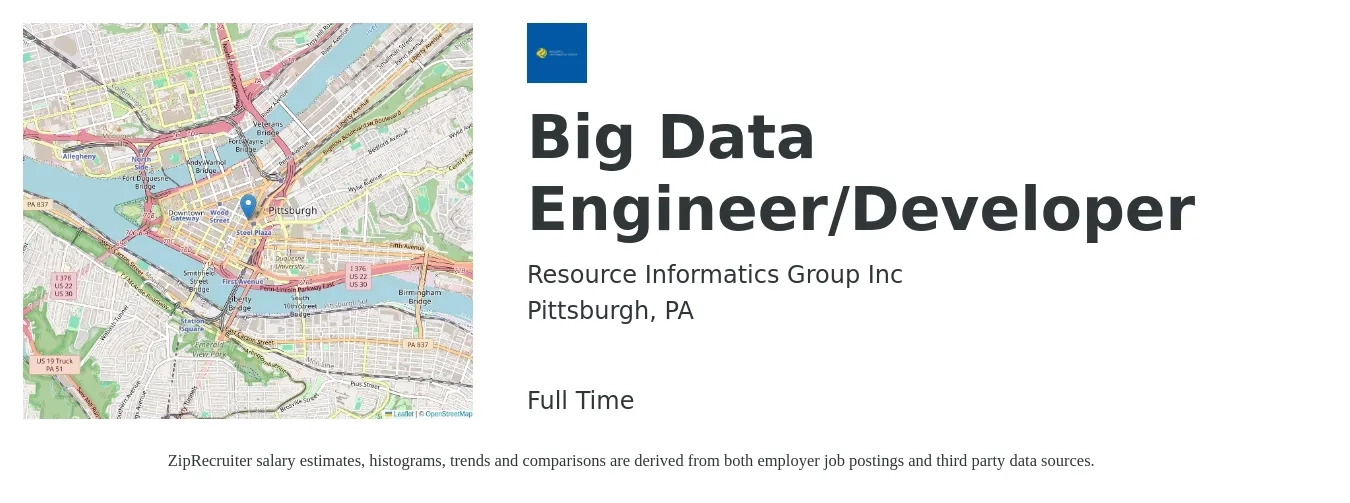 Resource Informatics Group Inc job posting for a Big Data Engineer/Developer in Pittsburgh, PA with a salary of $52 to $67 Hourly with a map of Pittsburgh location.