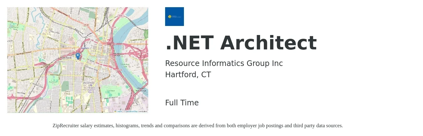 Resource Informatics Group Inc job posting for a .NET Architect in Hartford, CT with a salary of $66 to $80 Hourly with a map of Hartford location.