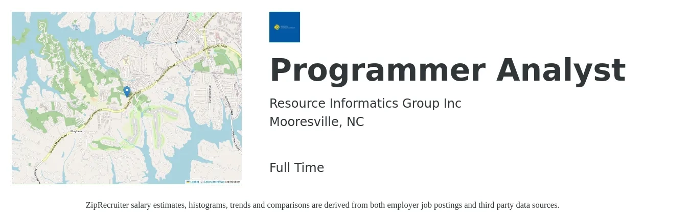 Resource Informatics Group Inc job posting for a Programmer Analyst in Mooresville, NC with a salary of $36 to $56 Hourly with a map of Mooresville location.