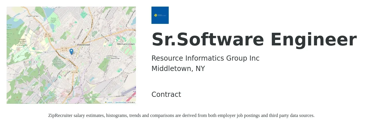 Resource Informatics Group Inc job posting for a Sr.Software Engineer in Middletown, NY with a salary of $123,000 to $162,200 Yearly with a map of Middletown location.