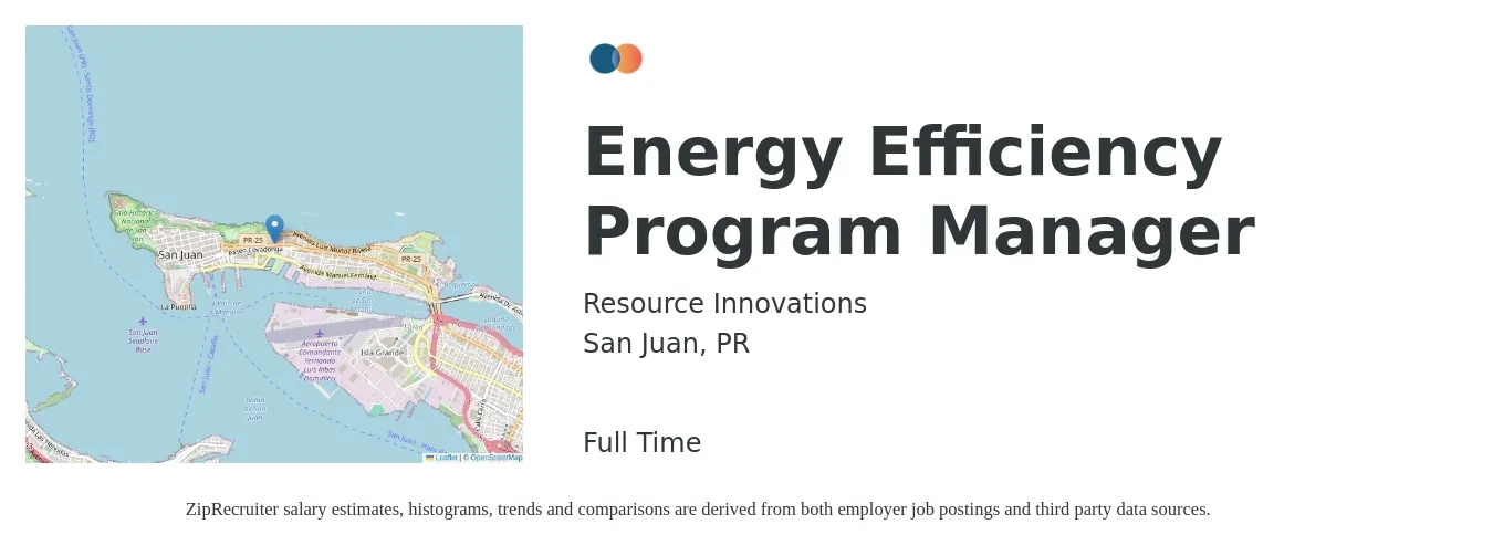 Resource Innovations job posting for a Energy Efficiency Program Manager in San Juan, PR with a salary of $78,000 to $129,900 Yearly with a map of San Juan location.