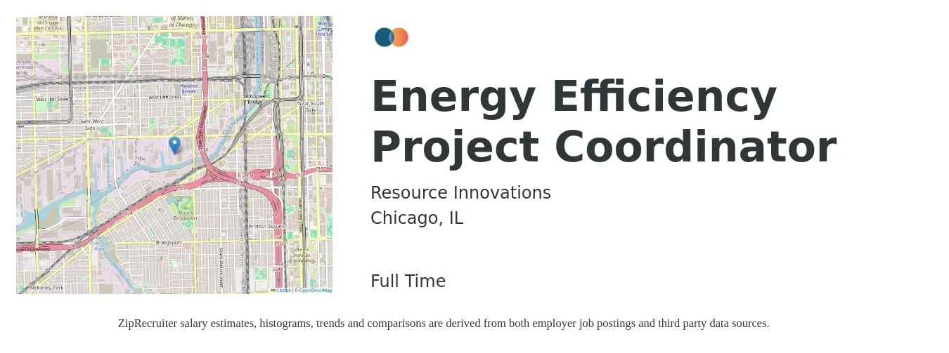 Resource Innovations job posting for a Energy Efficiency Project Coordinator in Chicago, IL with a salary of $24 to $36 Hourly with a map of Chicago location.