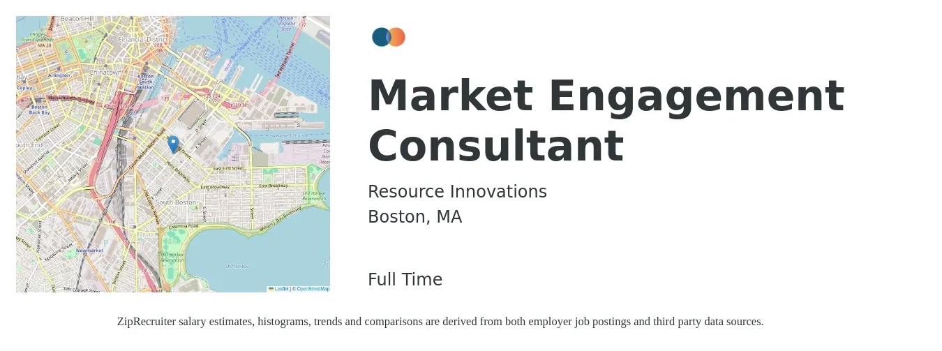 Resource Innovations job posting for a Market Engagement Consultant in Boston, MA with a salary of $62,500 to $66,800 Yearly with a map of Boston location.