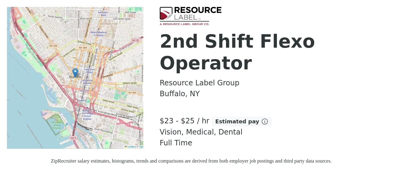 Resource Label Group job posting for a 2nd Shift Flexo Operator in Buffalo, NY with a salary of $24 to $26 Hourly and benefits including vision, dental, life_insurance, medical, pto, and retirement with a map of Buffalo location.