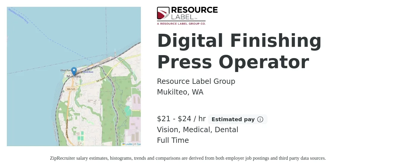 Resource Label Group job posting for a Digital Finishing Press Operator in Mukilteo, WA with a salary of $22 to $25 Hourly and benefits including vision, dental, life_insurance, medical, pto, and retirement with a map of Mukilteo location.