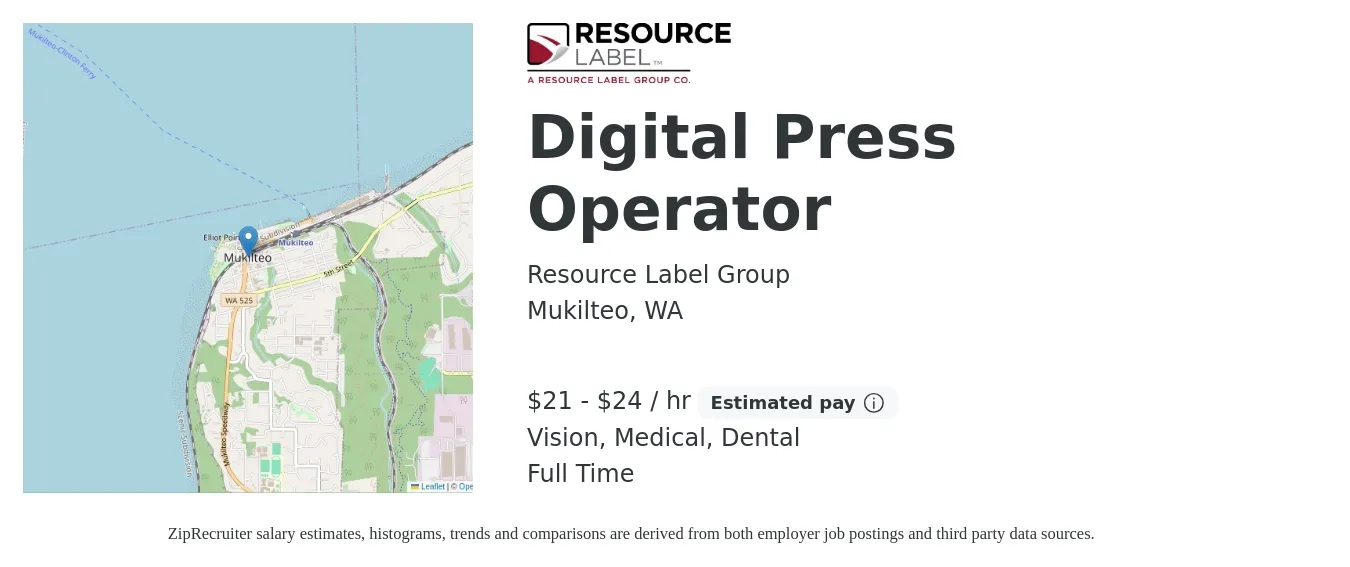 Resource Label Group job posting for a Digital Press Operator in Mukilteo, WA with a salary of $22 to $25 Hourly and benefits including medical, pto, retirement, vision, dental, and life_insurance with a map of Mukilteo location.