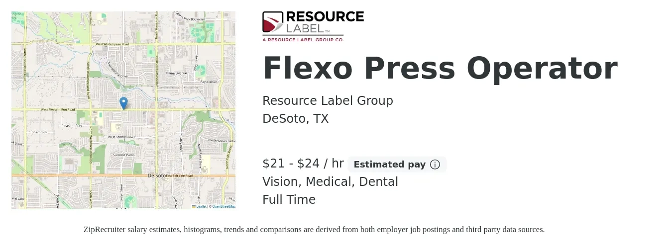 Resource Label Group job posting for a Flexo Press Operator in DeSoto, TX with a salary of $24 to $26 Hourly and benefits including pto, retirement, vision, dental, life_insurance, and medical with a map of DeSoto location.
