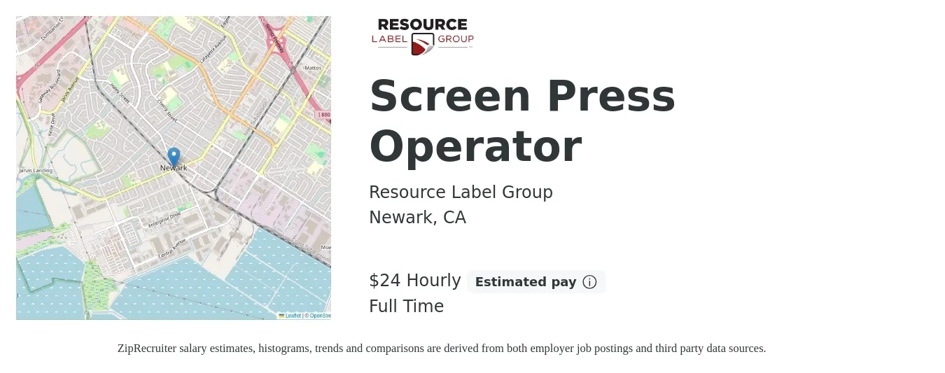 Resource Label Group, Inc job posting for a Screen Press Operator in Newark, CA with a salary of $25 Hourly with a map of Newark location.