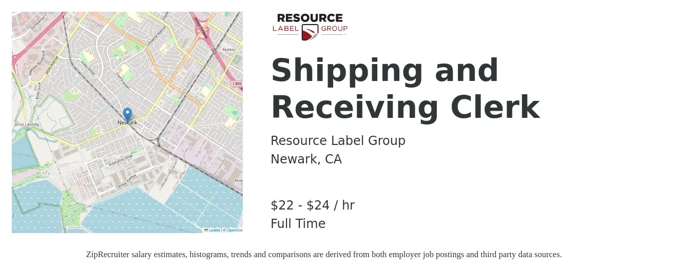 Resource Label Group LLC job posting for a Shipping and Receiving Clerk in Newark, CA with a salary of $23 to $25 Hourly with a map of Newark location.