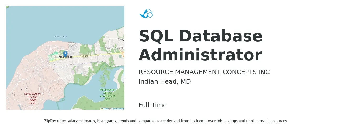 Resource Management Concepts, Inc. job posting for a SQL Database Administrator in Indian Head, MD with a salary of $54 to $67 Hourly with a map of Indian Head location.