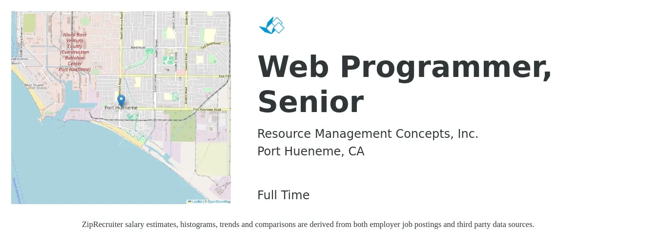 Resource Management Concepts, Inc. job posting for a Web Programmer, Senior in Port Hueneme, CA with a salary of $47 to $56 Hourly with a map of Port Hueneme location.