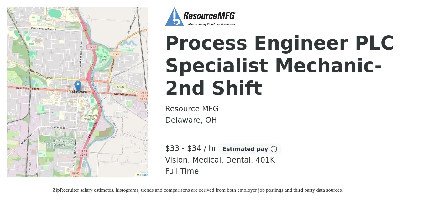 Resource MFG job posting for a Process Engineer PLC Specialist Mechanic- 2nd Shift in Delaware, OH with a salary of $35 to $36 Hourly and benefits including medical, vision, 401k, dental, and life_insurance with a map of Delaware location.