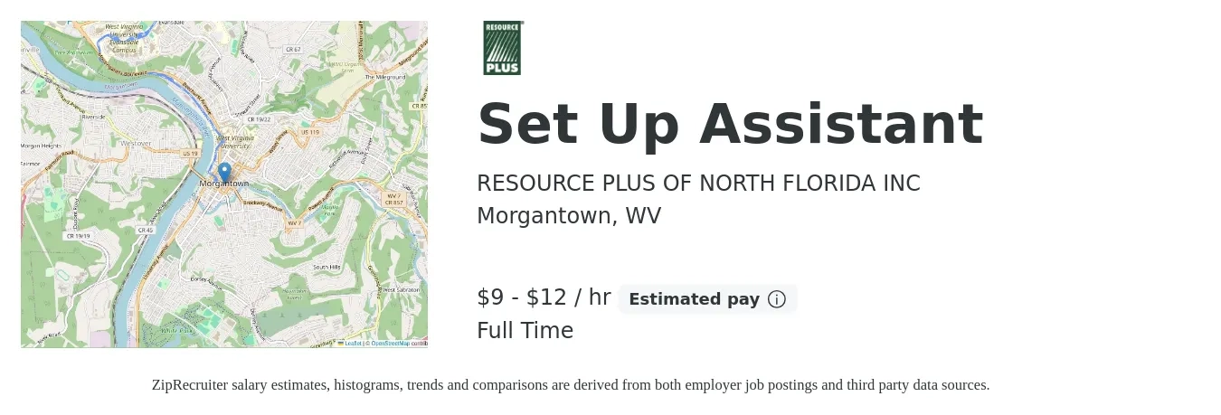 RESOURCE PLUS OF NORTH FLORIDA INC job posting for a Set Up Assistant in Morgantown, WV with a salary of $10 to $13 Hourly with a map of Morgantown location.